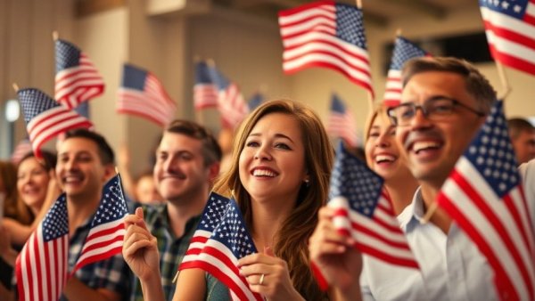 Smiling people with American flags, US news articles context.