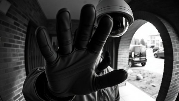 Surveillance image of a gloved person obstructing camera.