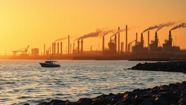 Venezuelan oil refinery at sunset with boat on water.