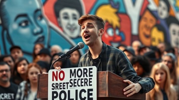 Speaker at Texas elections 2026 rally with vibrant mural backdrop.