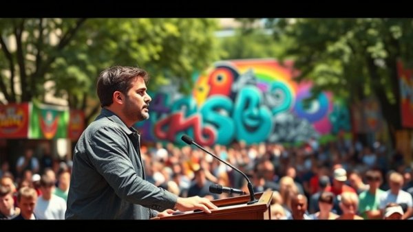 Young man speaking at a podium, fundraising event, urban mural backdrop.