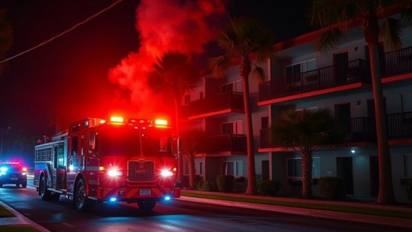 Firefighters at San Antonio apartment fire scene, emergency lights illuminating.