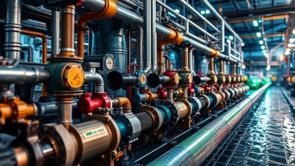 Industrial water pipes and machinery in vibrant lighting, Texas