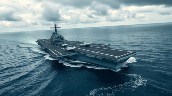 Aircraft carrier preparing for Middle East deployment, ocean scene.