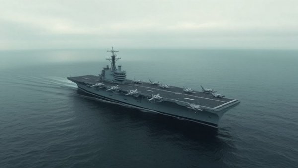 Aircraft carrier with jets at sea under cloudy sky, Middle East.