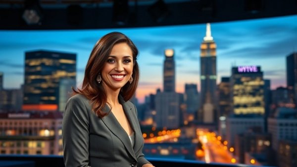 News anchor reporting with Houston cityscapes in background.