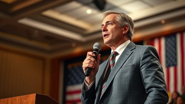 Confident speaker at Texas political races event in dynamic lighting.