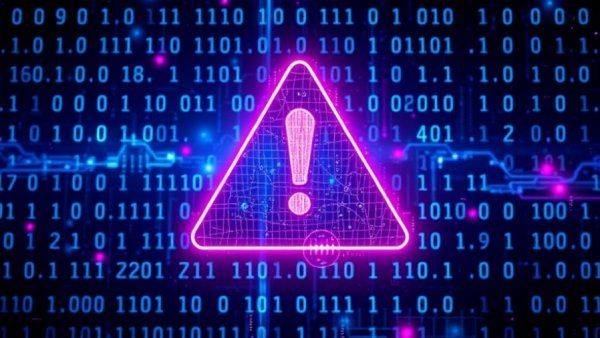 Futuristic digital warning symbol highlighting healthcare cybersecurity AI impact.