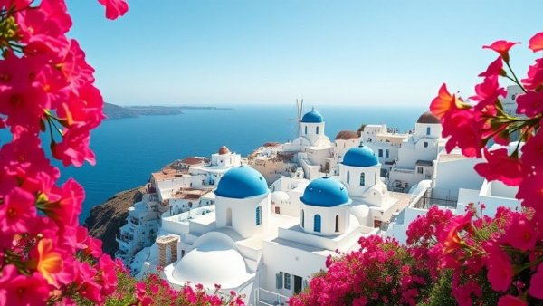Colorful Santorini village architecture with sea view.