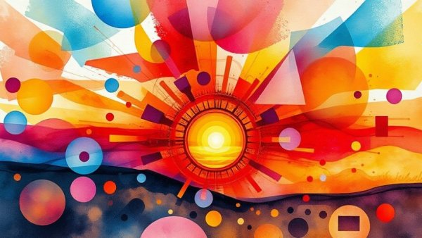 Vibrant abstract sunrise artwork in watercolor with intricate patterns.