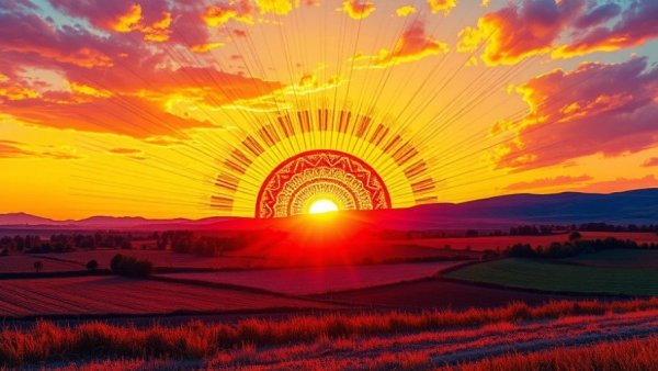 Vibrant abstract sunrise with intricate patterns and colorful sky.