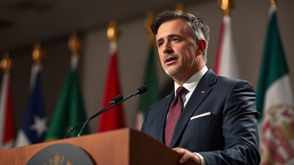 Confident speaker at podium with flags, addressing antisemitism in New York City.