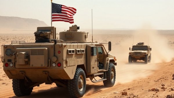 Heavily armored military vehicle with American flag in desert, US news today.