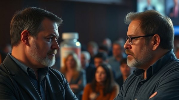 Two men discuss health issues, promoting healthy aging for women.