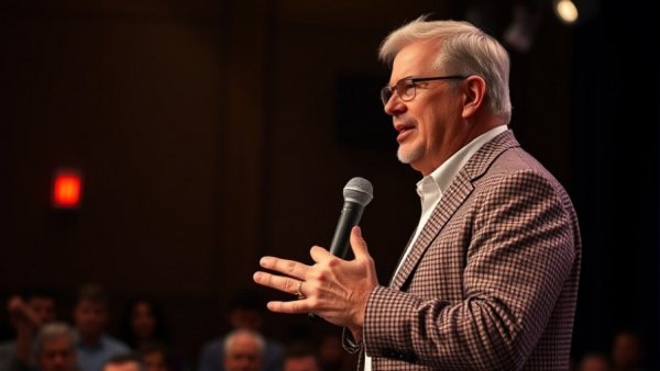 Texas ivermectin controversy speech by man in checkered jacket, indoor stage.