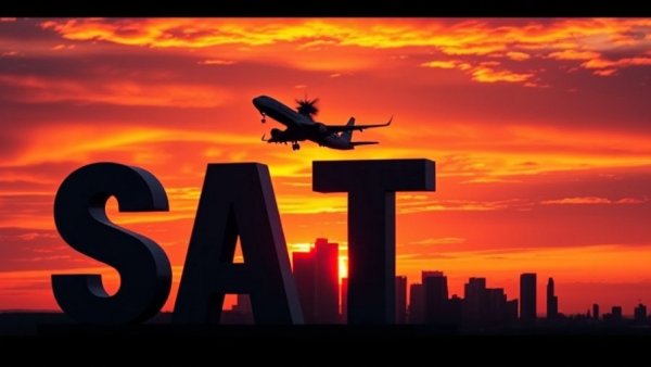 San Antonio International Airport logo at sunset with airplane silhouette, vibrant sky.