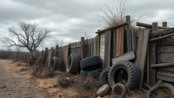 Rustic fence with discarded items in rural San Antonio setting.