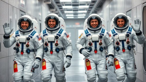 Crew-12 mission astronauts in SpaceX suits, smiling and waving