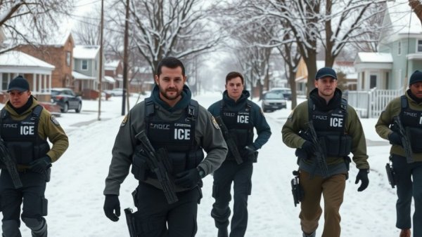 ICE enforcement operation in snowy Minneapolis neighborhood.