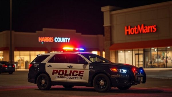 Police SUV at night in Houston shopping center, crime scene.