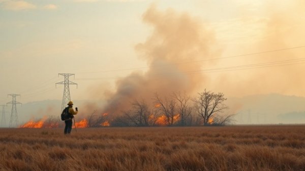Brush fire in Dayton Texas with emergency responders and smoke.
