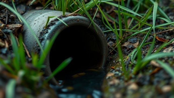 Raw sewage flooding in Houston with water seeping from pipe onto grass.