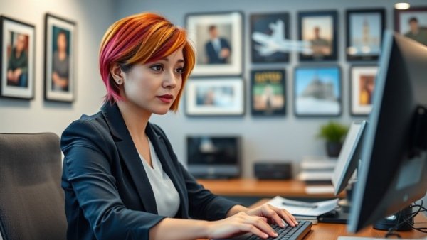 Professional woman with colorful hair in office concerned about Texas voter verification confusion