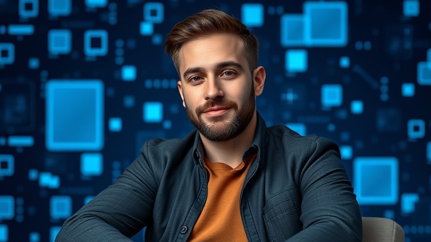 Confident man in tech-themed background highlighting facial recognition technology flaws.