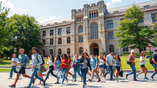 Students on UT-Austin campus in motion, historic building background.