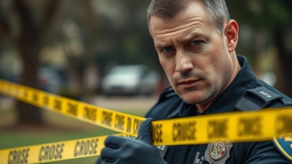 Dallas police officer sets up crime scene tape outdoors.