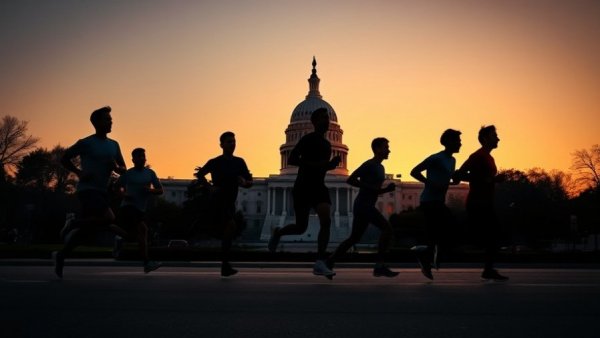 Joggers pass U.S. Capitol, sunrise backdrop.