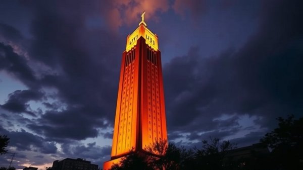 UT Austin Tower illuminated at dusk, dramatic sky, department focus.