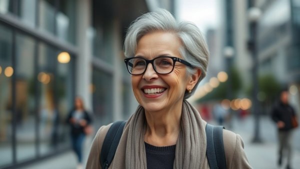 Joyful older woman walking in city, promoting healthy aging tips.