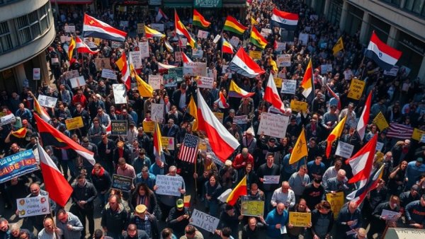 Aerial view of protest with flags during anti-ICE protest.