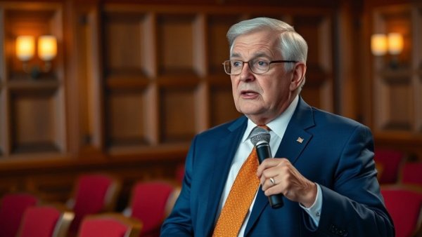 Man in blue suit and orange tie speaking at an event.