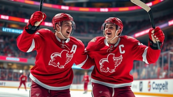 Excited hockey players celebrating a goal on ice rink.