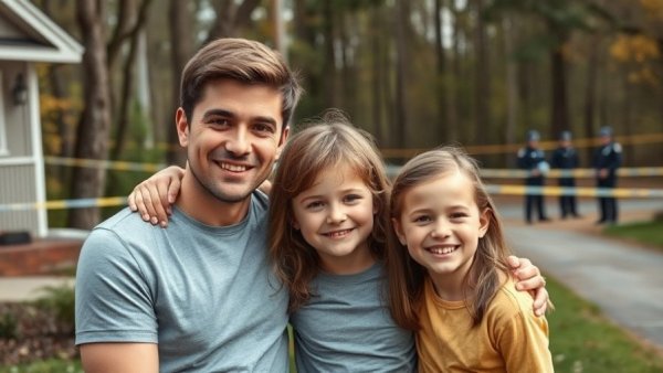 Image juxtaposing family moment with police activity in San Antonio.