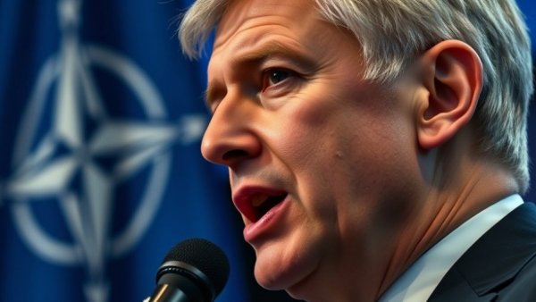 NATO defense spending concept with speaker and NATO flag.