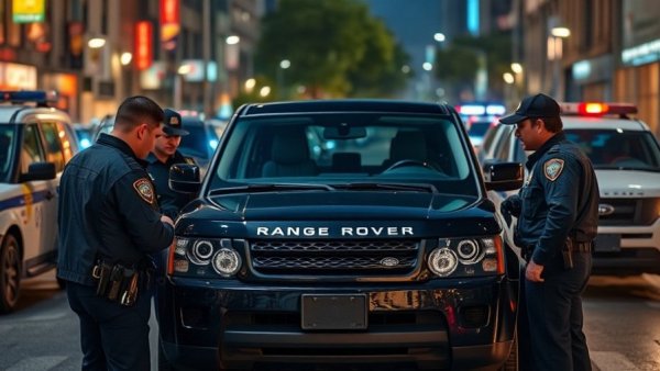 Law enforcement investigation of Range Rover at night in urban setting.