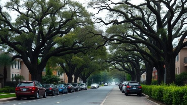 Scenic suburban street in Houston with oak trees and parked cars.