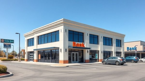 Modern bank building in Harris County identity theft context.