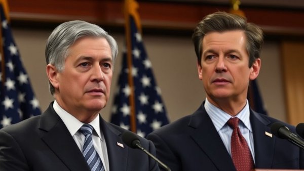 Trump breaking news today: Two men at a press conference with flag backdrop.