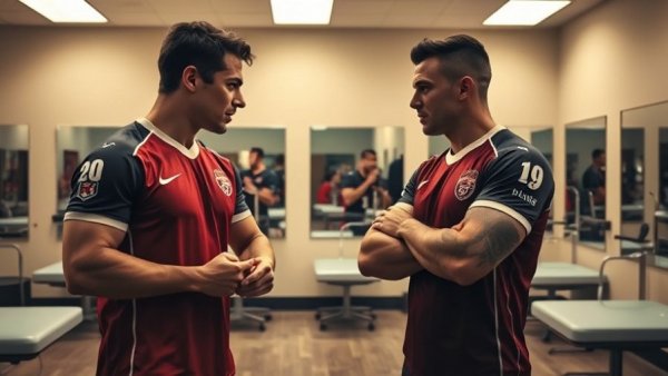 Basketball players negotiating playing time in a dressing room.