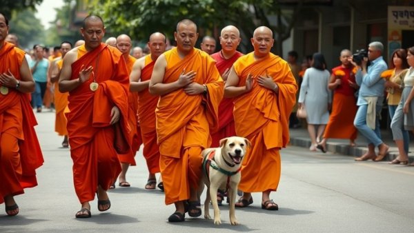 Monks in vibrant robes walk peacefully in a procession with others.