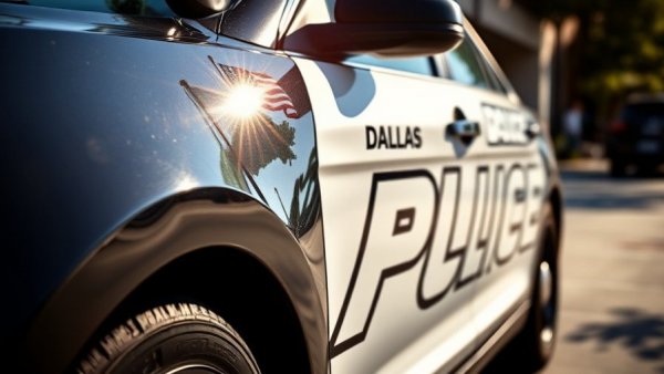 Dallas police car captured in daylight, involved in current events.