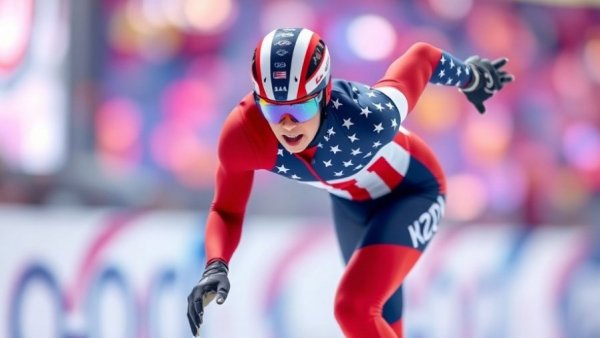 Jordan Stolz speedskating gold athlete competing intensely on ice.