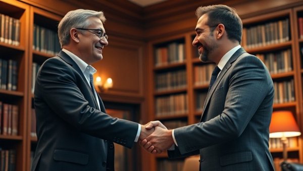 Businessmen handshake in warm wooden library, US news articles focus.