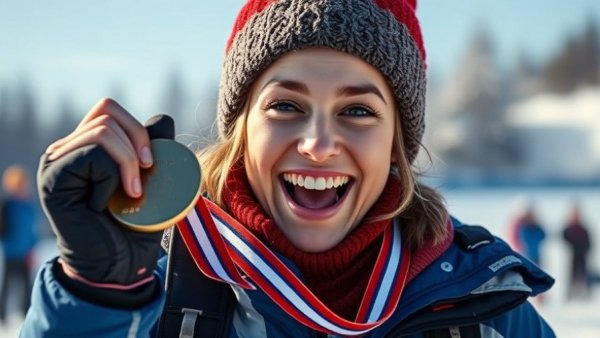 Athlete holds 2026 Winter Olympics gold medal with excitement.