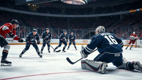 US men's hockey team competing in an intense ice hockey match.