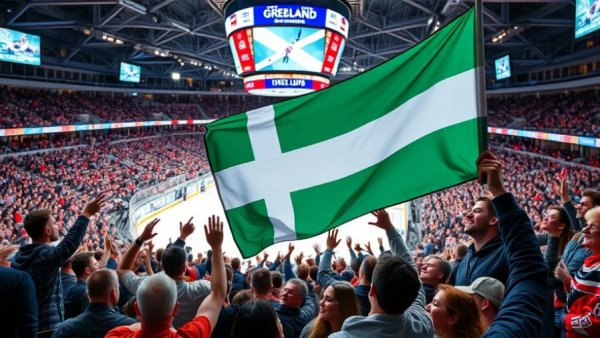 Crowd with Greenland flag during ice hockey game, Greenland flag Olympics.